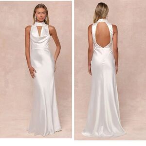 Lulus Gorgeous Vow White Satin Mock Neck Cowl Mermaid Maxi Dress Medium Bridal